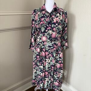 Vtg Tareti Rayon Floral Midi Dress Size 12 Navy Pink Green 90s Cottagecore
